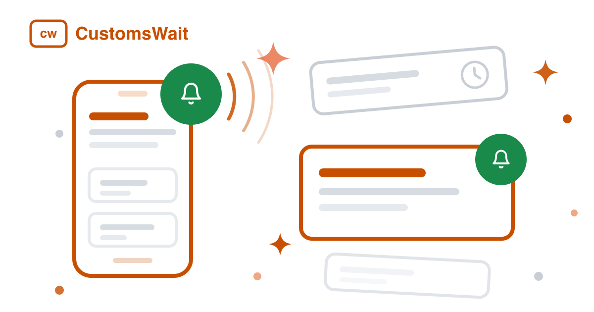 A phone sending notification cards with a green bell, illustrating CustomsWait push notifications